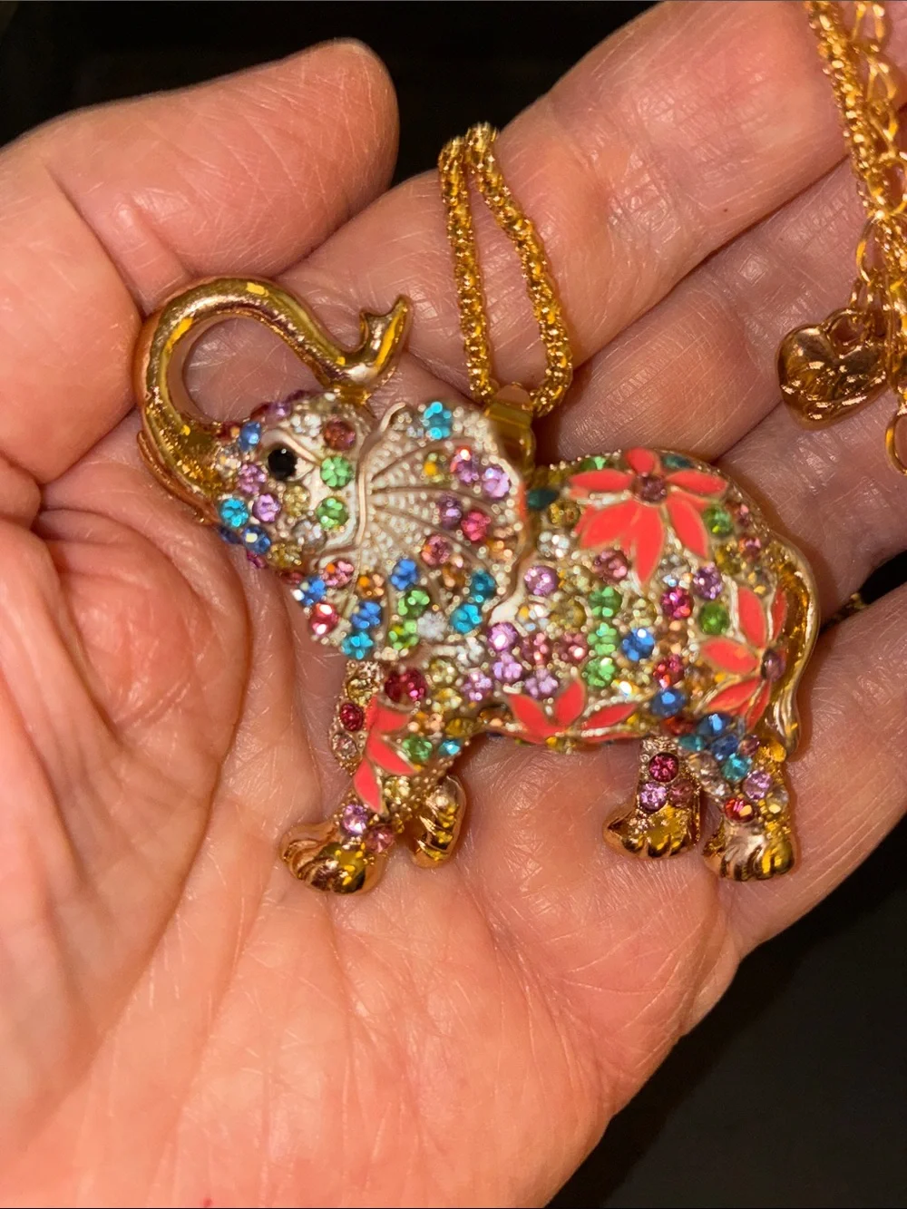 Multicolor Elephant Pendant Necklace - Floral Crystal Accent and Gold Tones
